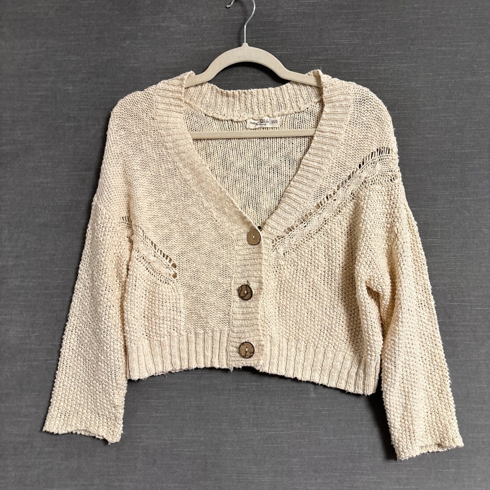 Natural Life Cardigan XS/S Cream Cotton Pointelle Knit Cropped Boho Sweater